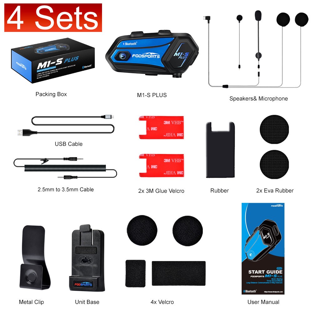 4x M1-S Plus Motorcycle Bluetooth Headset Helmet Intercom 10 Riders 2000m + FM