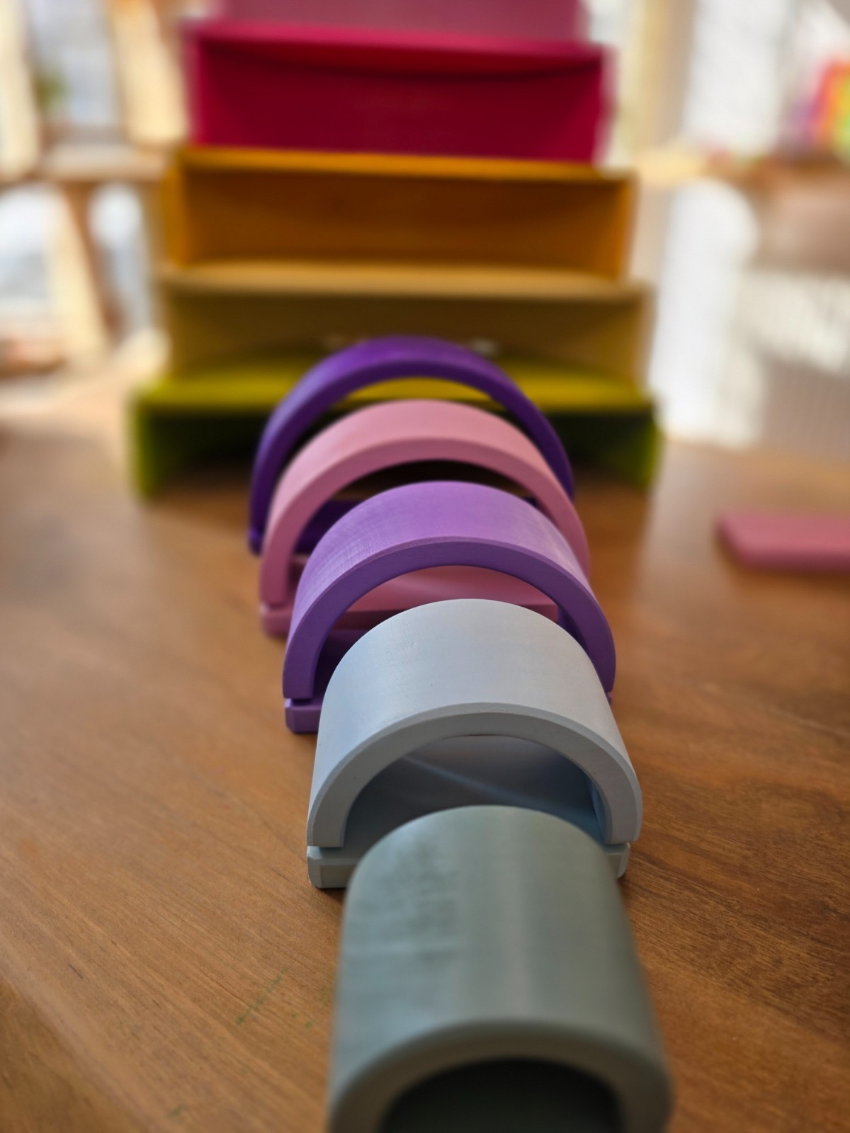 Wooden Rainbow Stacker Grimms Style: 12-Piece Pastel Montessori Toy