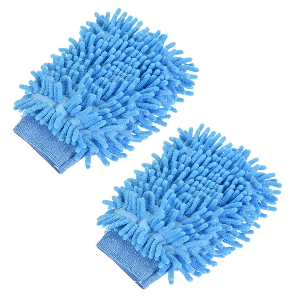 2Pcs Microfiber Chenille Dusting Wash Mitten Set for Cleaning Blue