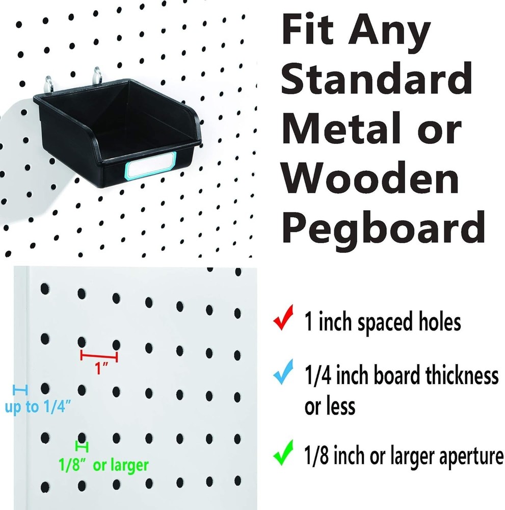 10-Pack Black Pegboard Bins with Metal Hooks & Labels - Durable Storage Solution