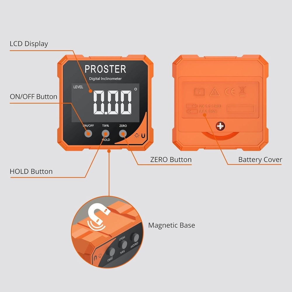 Proster Digital Angle Finder - Protractor Gauge with Orange With Laser