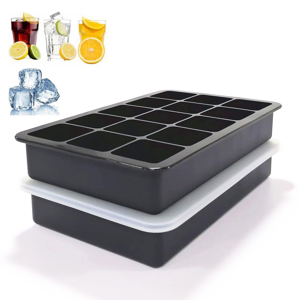 2 Pack 15-Cavity Silicone Ice Cube Trays Square Ice Cube Molds with Lids