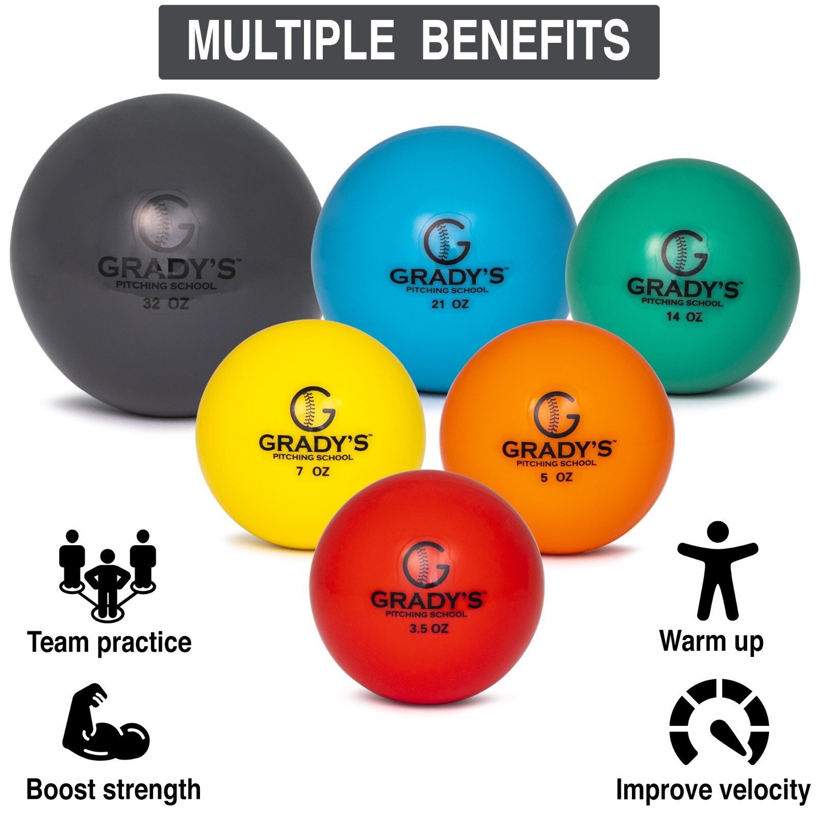 Plyo Soft Shell Weighted Ball Set 32, 21, 14, 7, 5, and 3.5oz-Pitching/Throwing