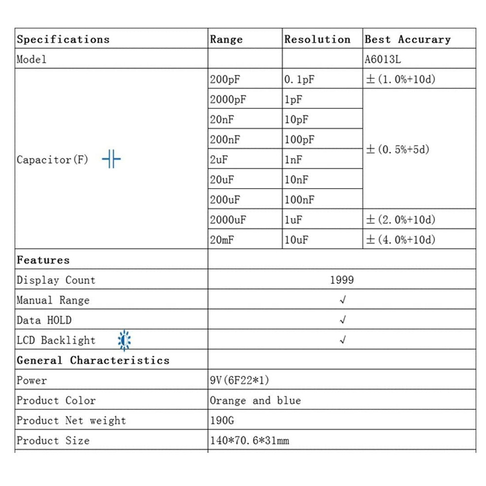 A6013L Capacitance Meter Capacitor Electronic Measuring Capacitance Tester