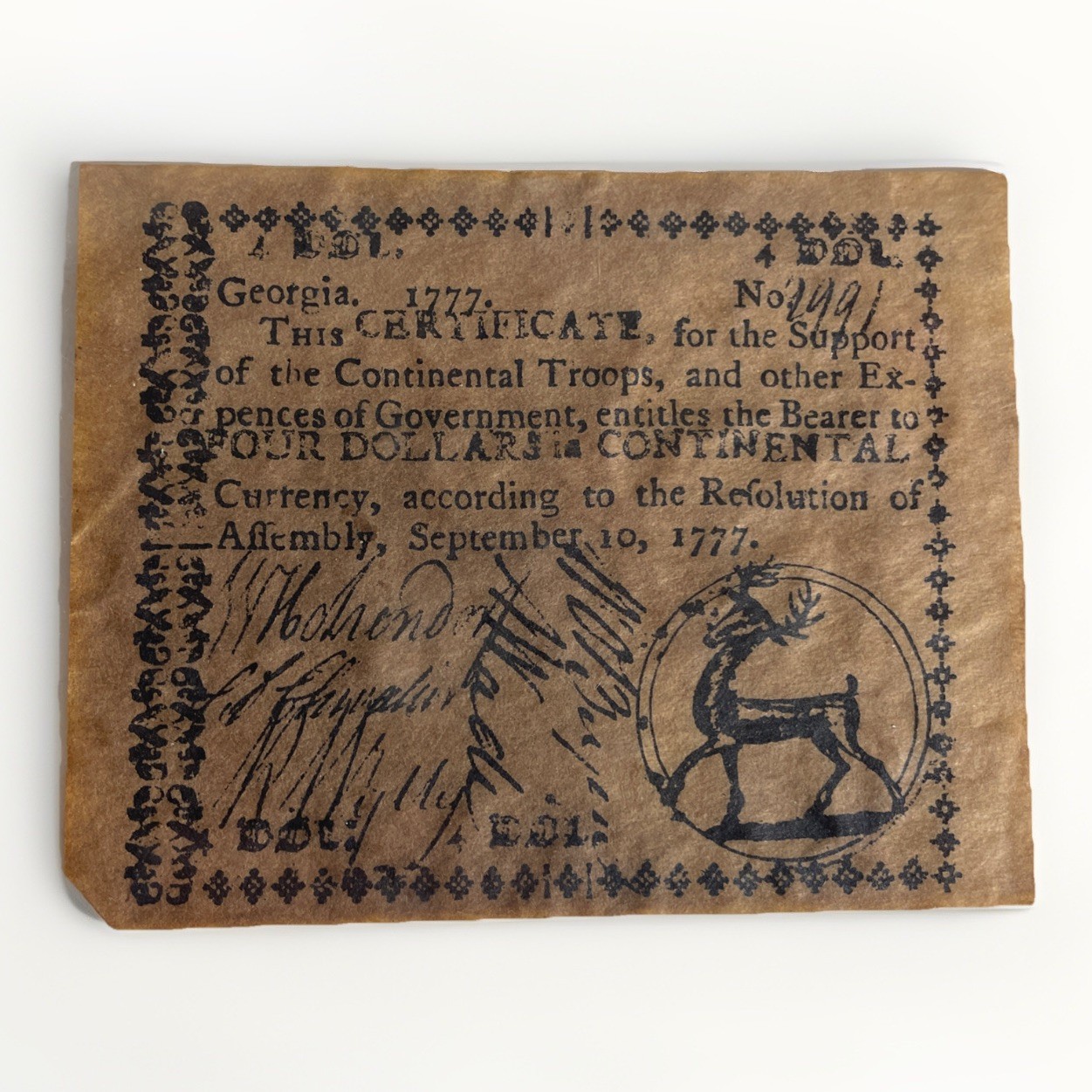 1777 $4 Dollars Georgia Colonial Currency Banknote Signed Serial# Stag