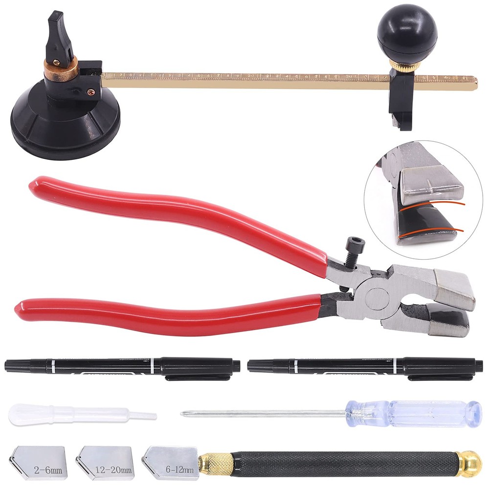 5-Pcs Adjustable Glass Cutter Kit - Includes Suction Cup & Running Plier Round