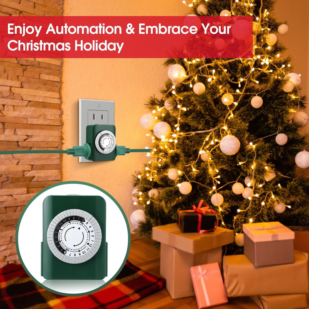 Dunkive 24 Hour 2 Grounded Outlets Mechanical Outlet Timer for Green