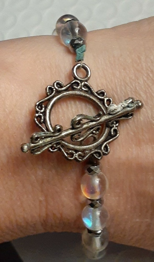Artisan blue agate rock crystal hematite toggle bracelet size Average