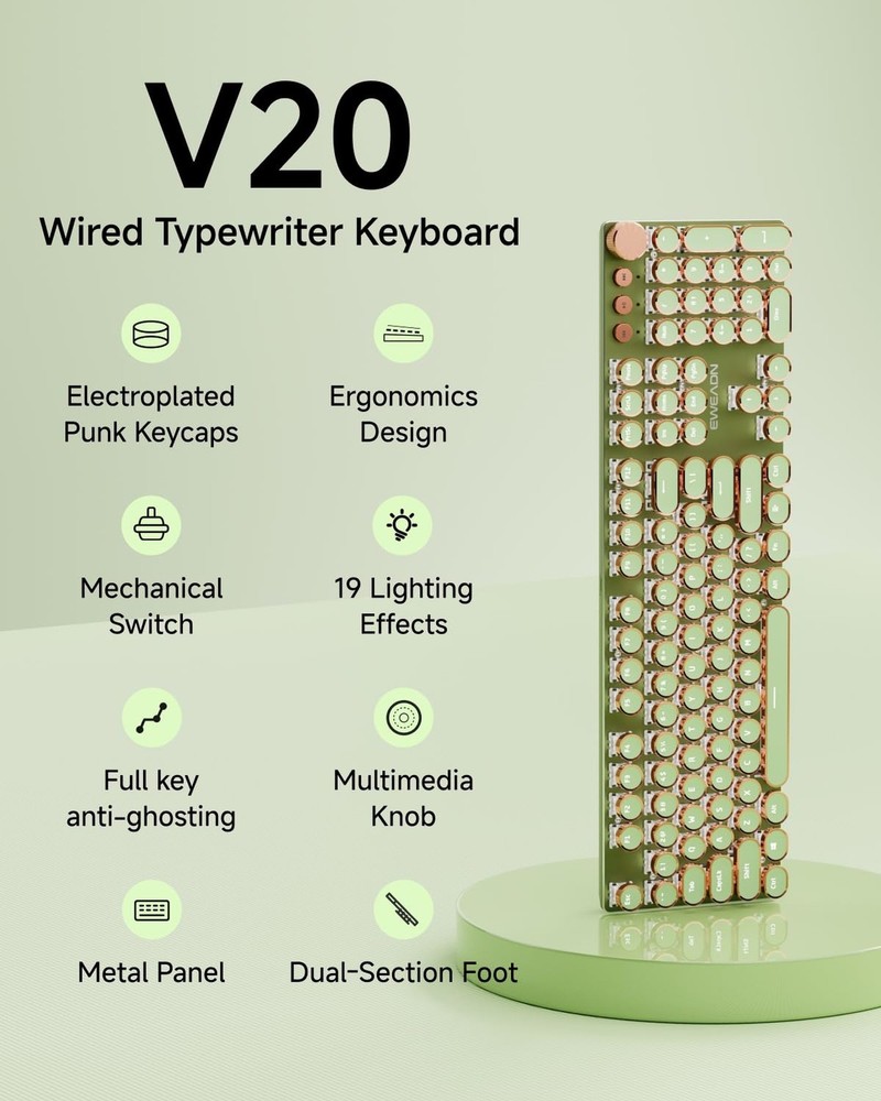 EWEADN Typewriter Style Mechanical Keyboard, Wired Typewriter Keyboards,104 K...