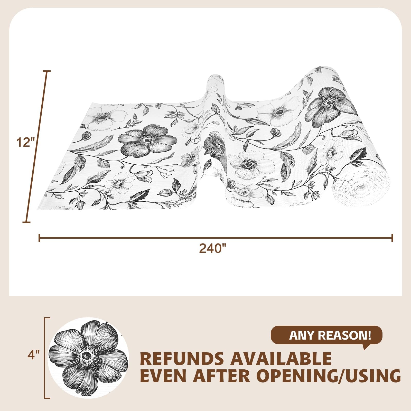 Drawer and Shelf Liner Black Flowers 12in x 20FT, Non Adhesive Anti-Slip Doub...