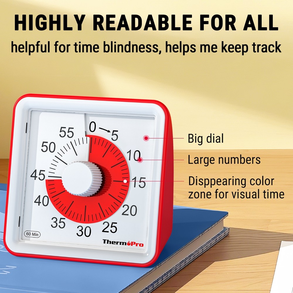 ThermoPro TM021 60 Min Visual Kitchen Timer Red Dial Cooking Baking Timer