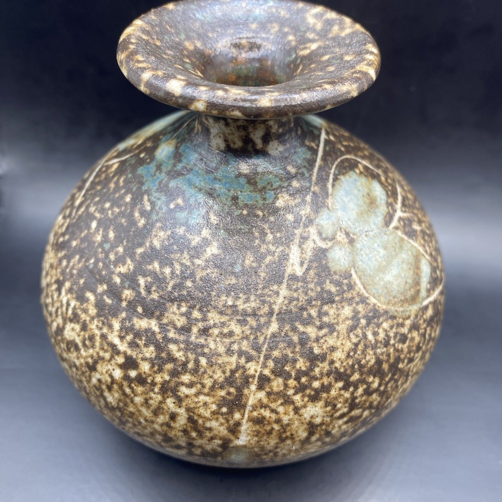 Artisan Studio Pottery Unique Brown Bulb Vase, Glazed Inside,Leaf Design, Signed