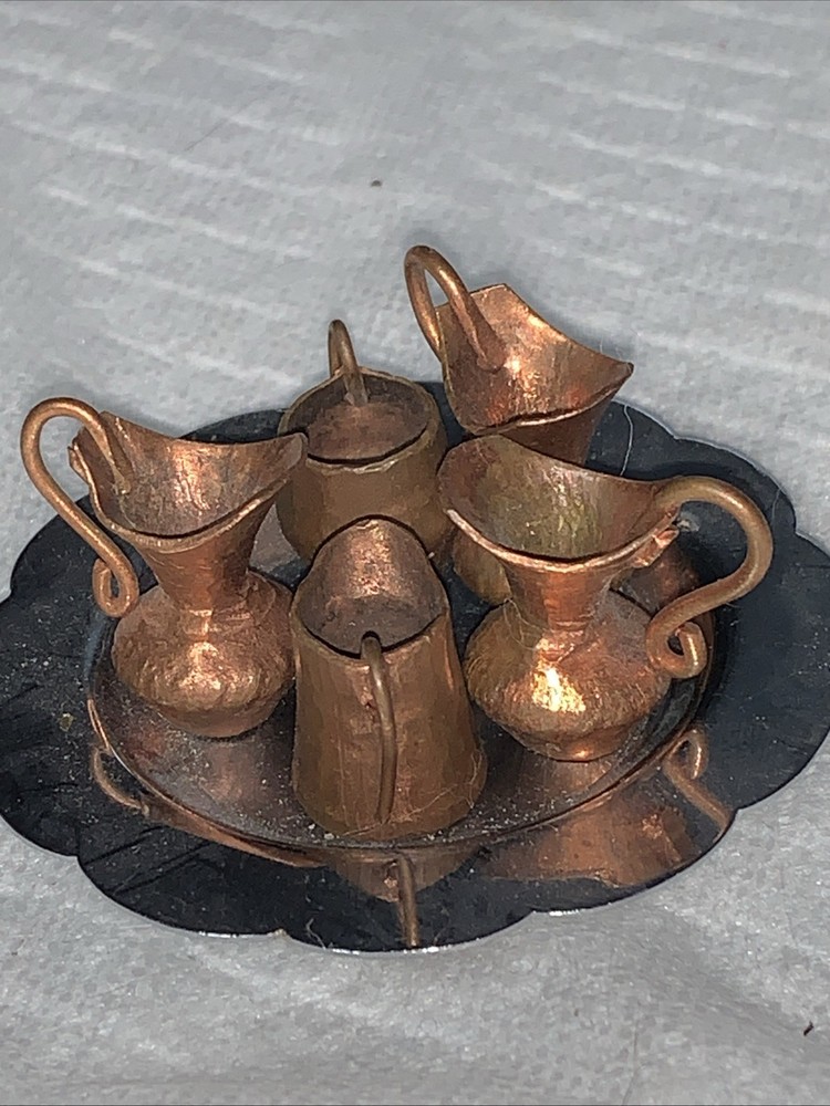Vtg. 6 Pc Miniature Copper And Silver Plated Tea Set C-2
