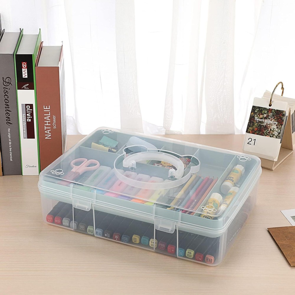 BTSKY 2-Tier Cute Bear Storage Box with Removable Divided Tray Portable Blue