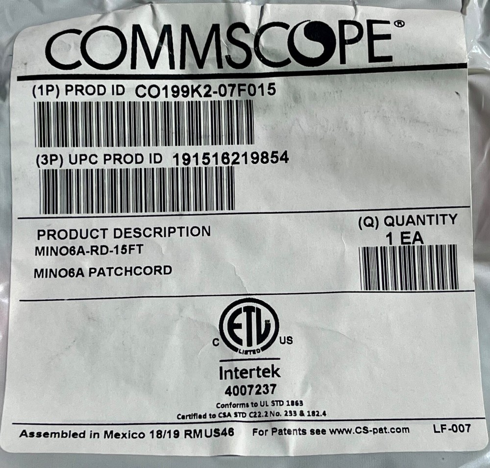 Commscope CO199K2-07F015 MINO6a Red 15ft Patch Cord Cable