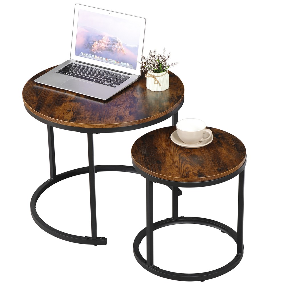 Set of 2 Nesting Coffee Table Round End Side Table for Small Spaces Rustic Brown