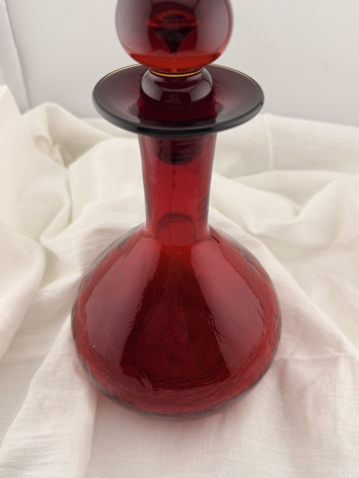 Vintage Blenko Red Glass Decanter Hand Blown Mid Century Modern Art Glass Ruby