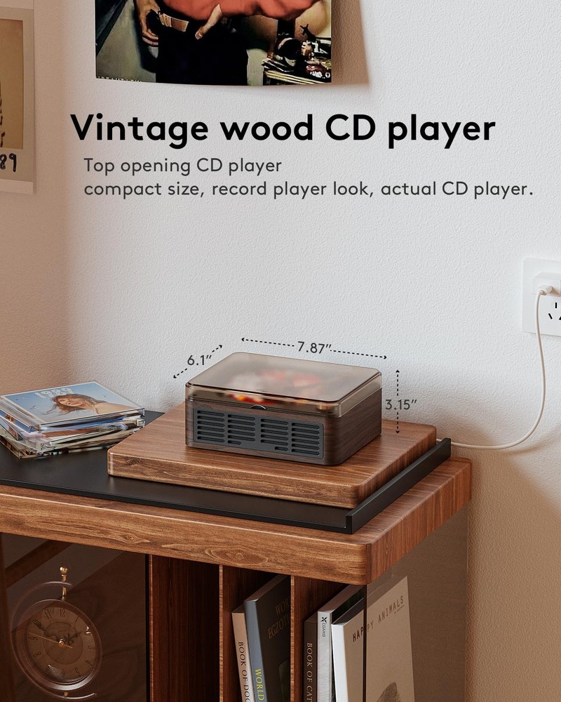 CARONSORT CD Player with Speakers Bluetooth Nostalgic Small, Walnut-Brown