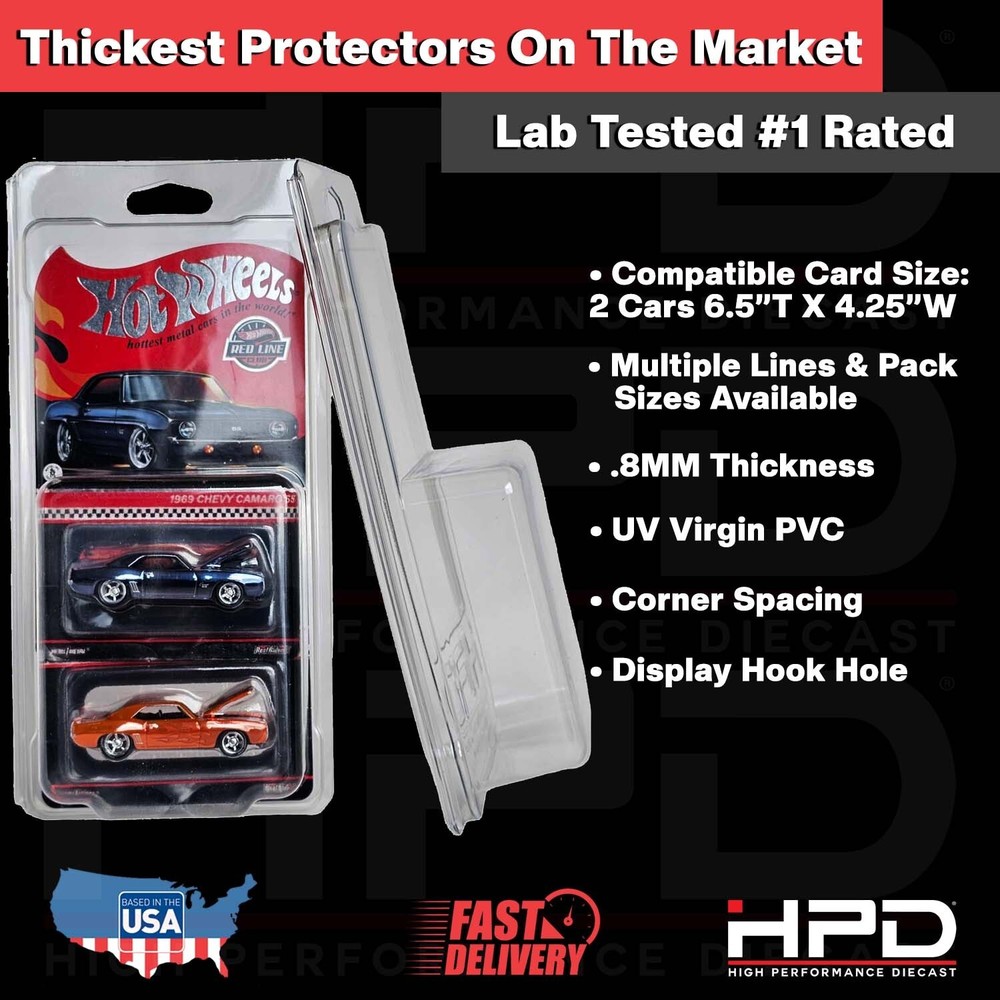 QTY 5 HPD PROTECTOR CASE HOT WHEELS MAINLINE MATCHBOX (2-CAR STACK)  .8MM
