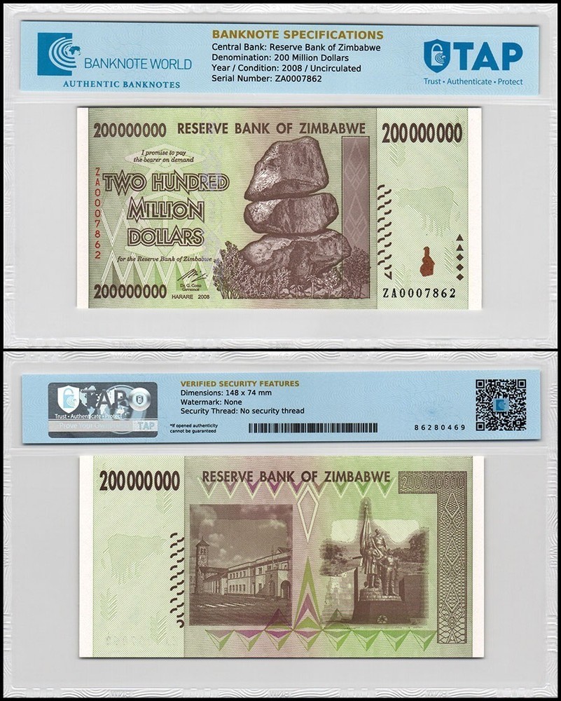 Zimbabwe 200 Million Dollars, 2008, P-81z, UNC, Replacement, Authenticated