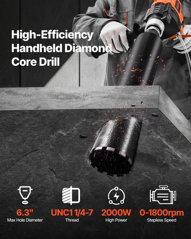 VEVOR Diamond Core Drill Machine Handheld Concrete Core Drill Rig 6.3 in 2000W