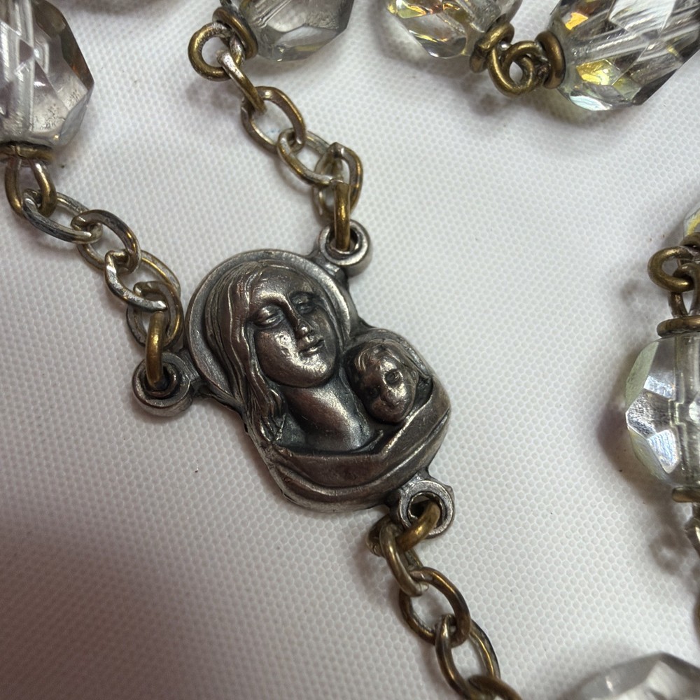 Signed Italy Silver Tone and Clear Beads Rosay