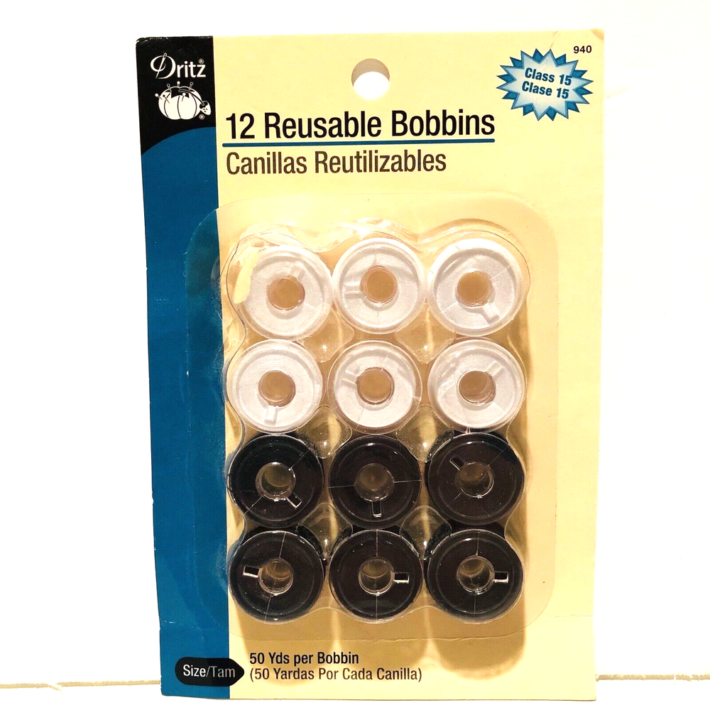 Dritz Class 15 Reusable Bobbins 940 Black White 12 PC 2006 Thread Size 50 Sew
