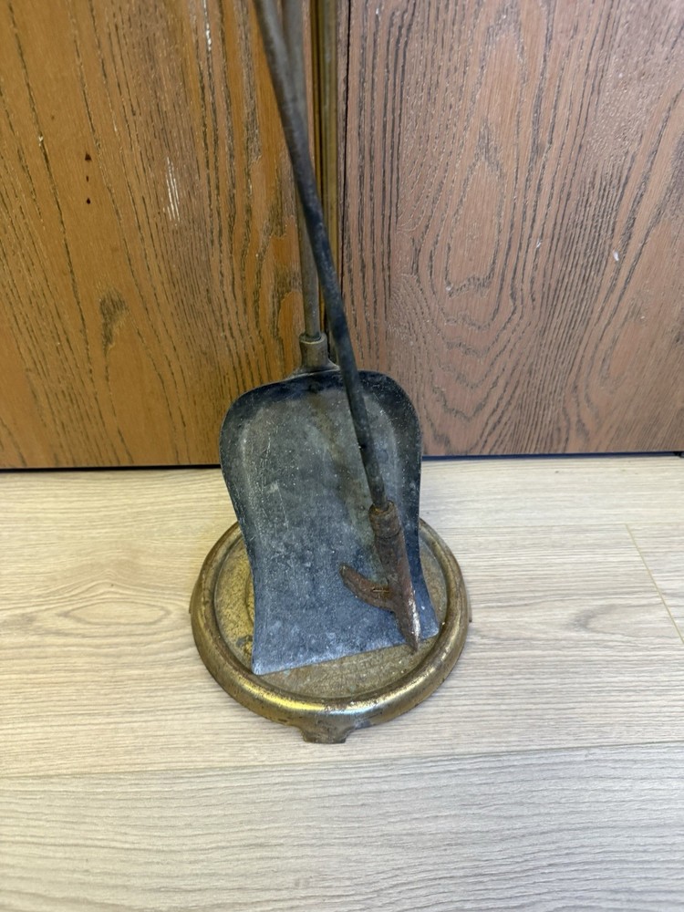 Vintage Solid Brass Fireplace Tool Poker, Shovel And Stand