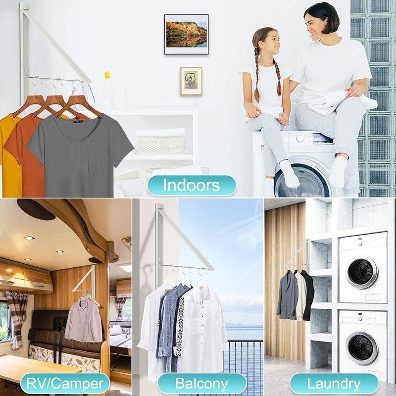Retractable Clothes Rack Wall Mount Foldable Laundry Hanger Space Saving Storage