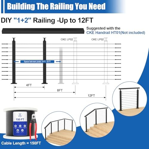 5-10ft Complete Set Cable Railing Post Kit, 2Pack 36" 5-10FT Level Post Kit