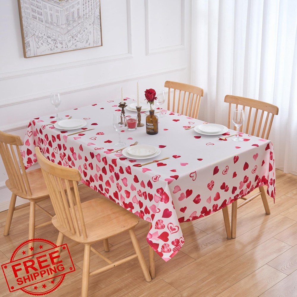 Valentines Red Hearts Rectangle Tablecloth 60x84" Waterproof