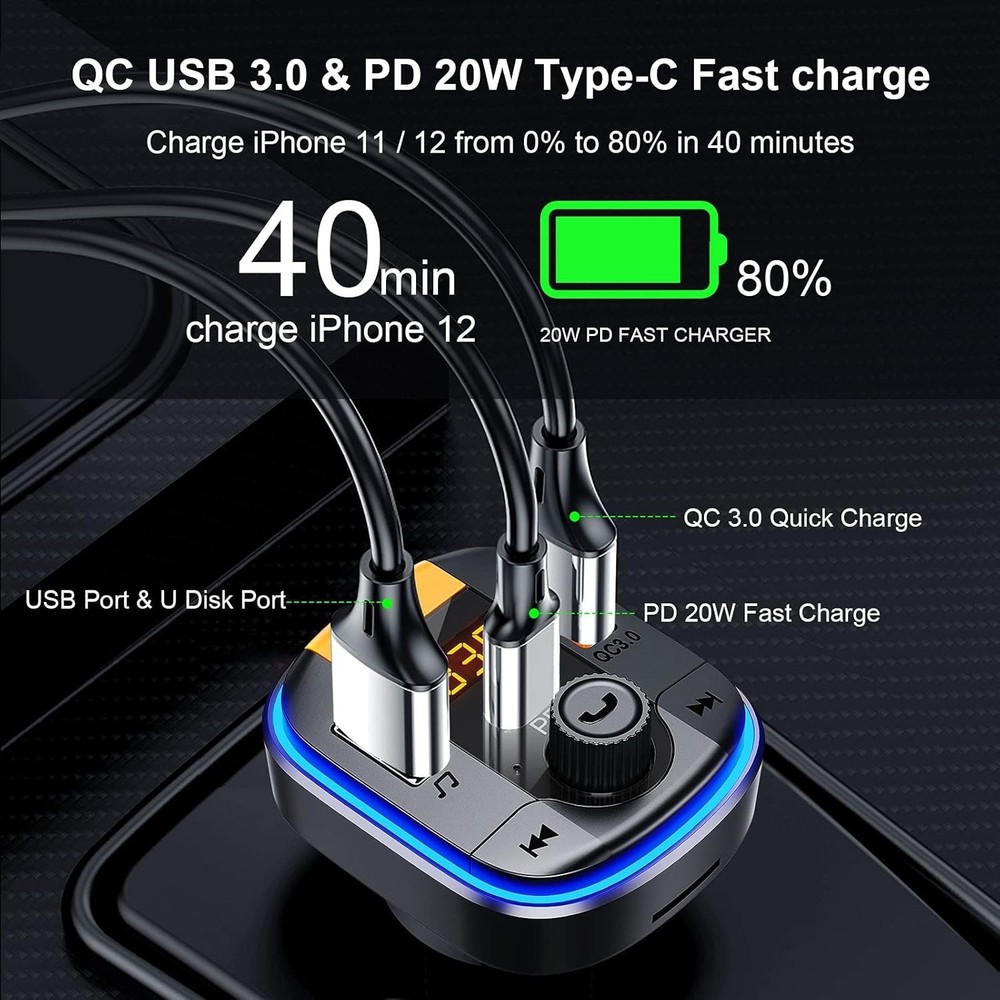 Car Bluetooth FM Transmitter with LED Backlight - Fast Charging & Music Play