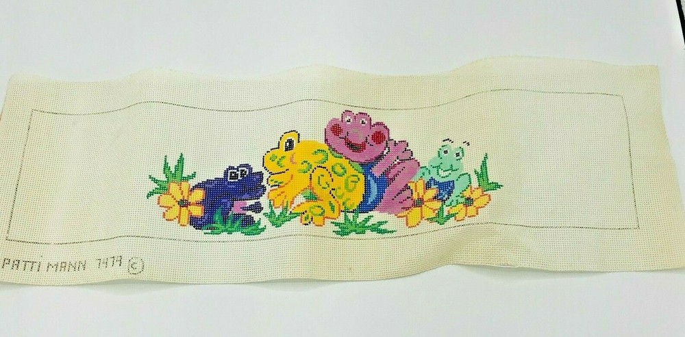Hand Painted Needlepoint Pattern Canvas Frogs Patti Mann 7479 Flowers Panel