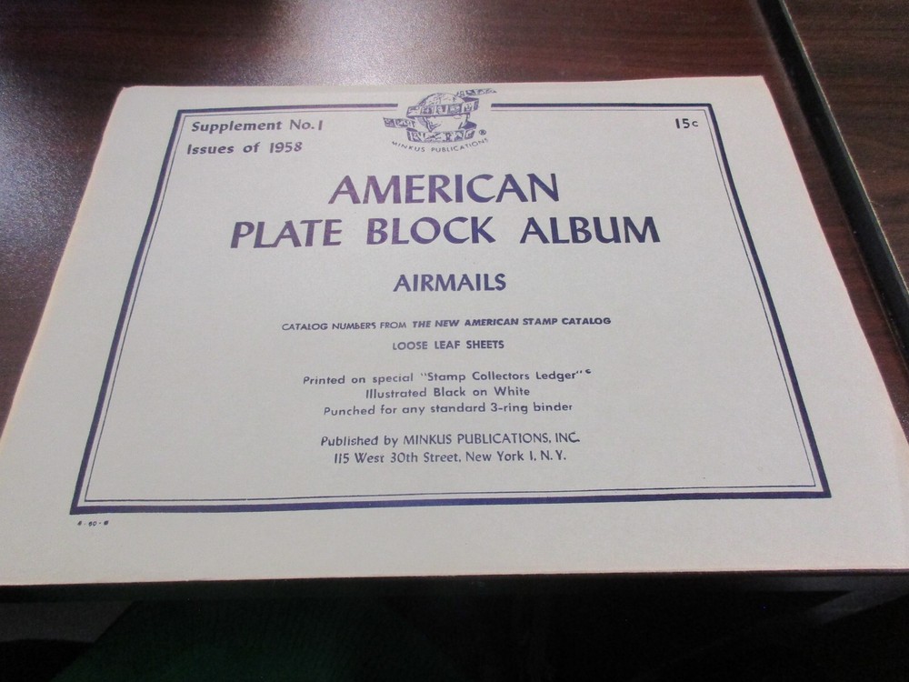 "MINKUS" 1958 SUPPLEMENT AMERICAN PLATE BLOCK ALBUM  W/FREE SHIPPING!!!