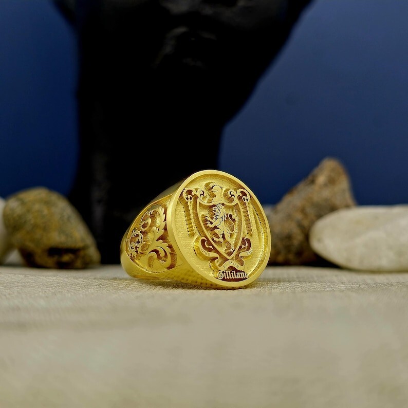 Custom Gold Plated Crest Ring for Men - Engraved Coat of Arms Signet Jewelry