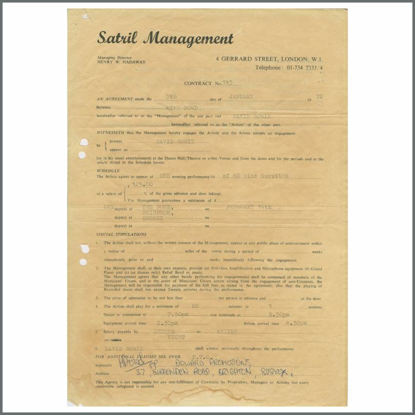 David Bowie 1972 The Dome Brighton Performance Contract (UK)