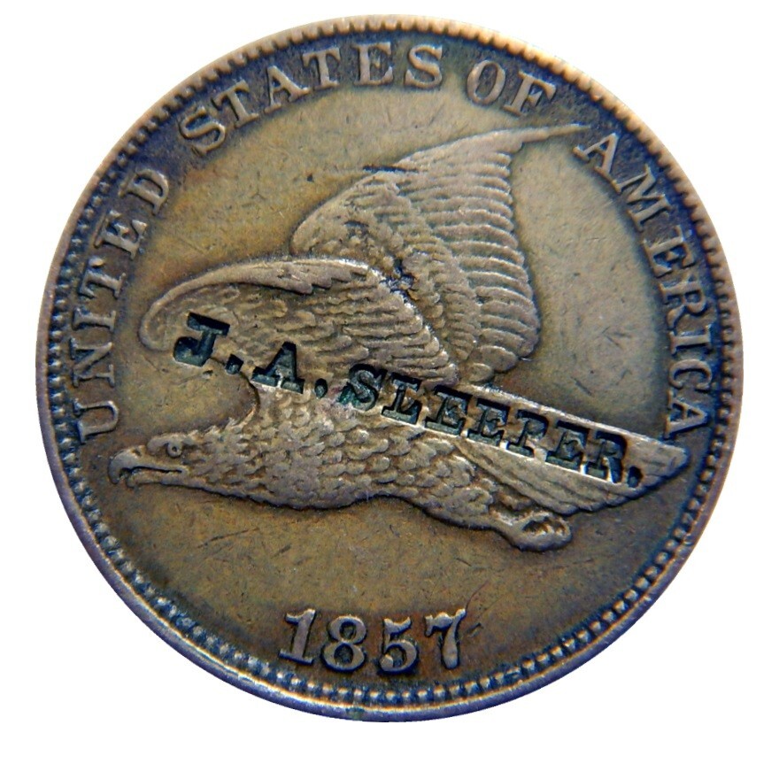 Flying eagle cent/penny 1857 counterstamp J.A. Sleeper. high grade
