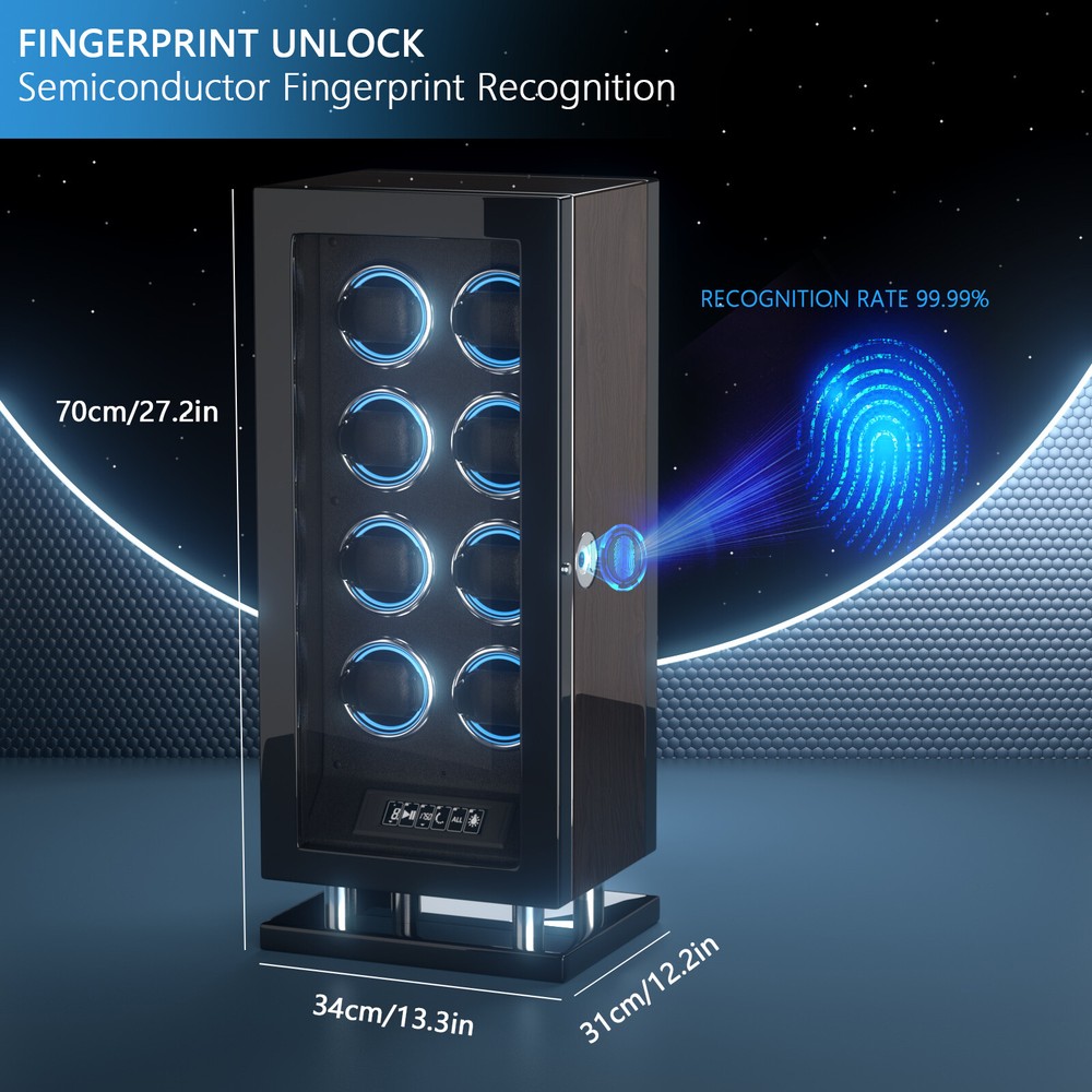 8 Watch Winder Upgraded Fingerprint Entry RGB Light LCD Remote Control Automatic