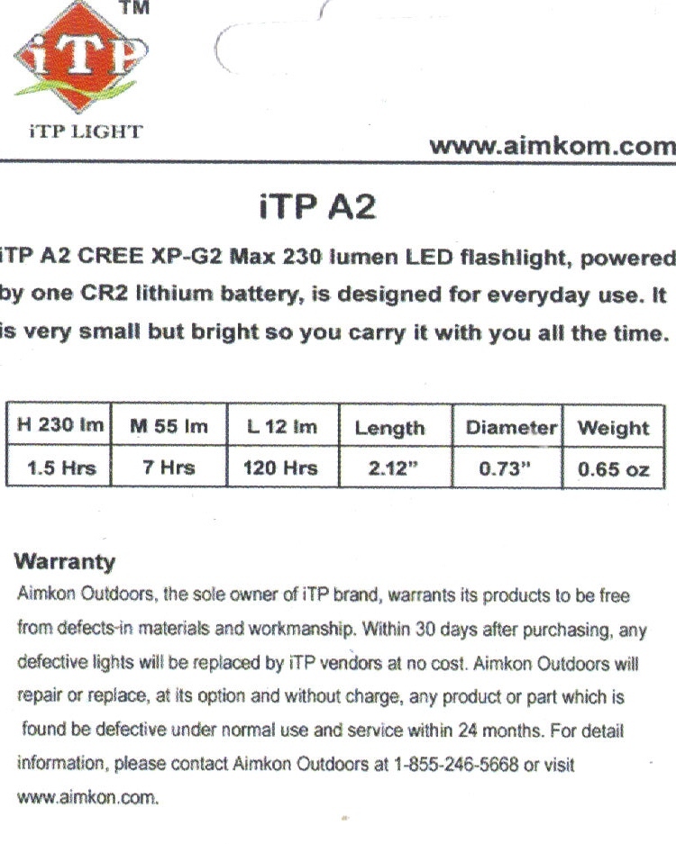iTP A2 EOS 3 Mode 230 lumen Keychain Mini Flashlight w/ Magnet End light