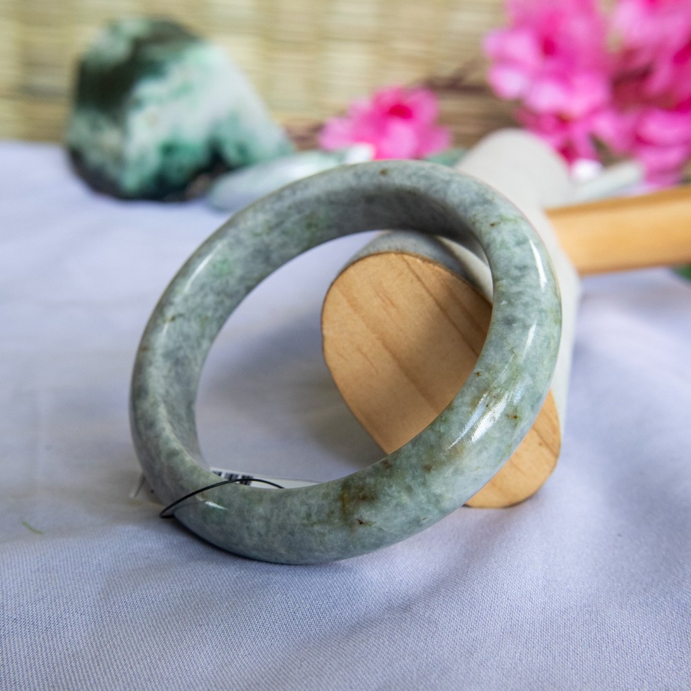 58mm Burmese Jadeite Bangle • Green & White Jade Prosperity Amulet