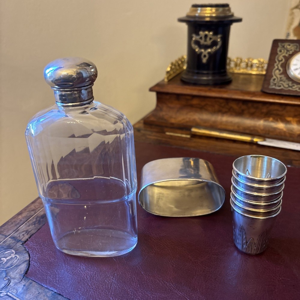 Solid silver hip flask c1900 & Six Antique Continental Solid Silver Shot Cups