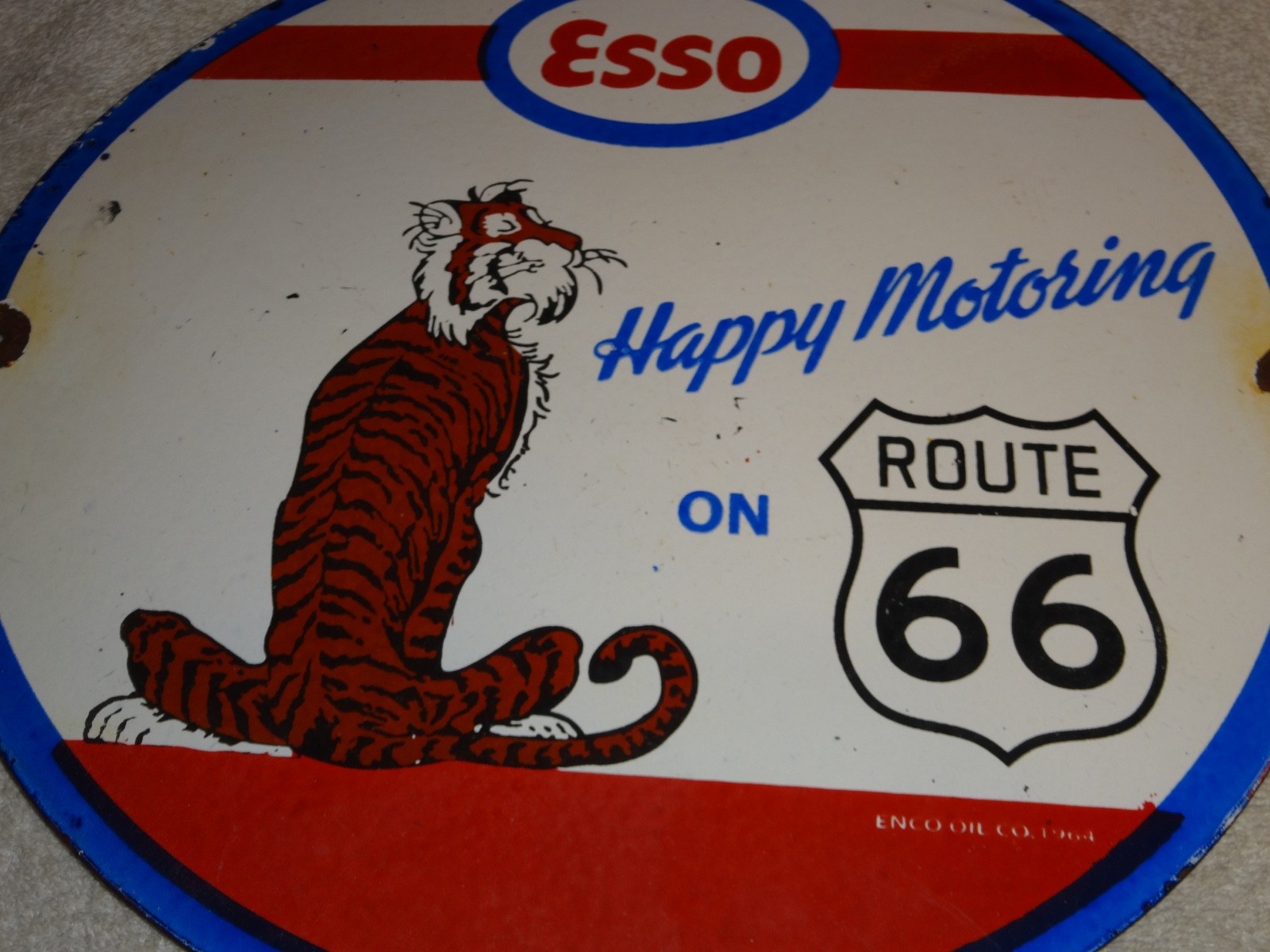VINTAGE 1964 ESSO PUT A TIGER IN GAS TANK +ROUTE 66 11 3/4" PORCELAIN METAL SIGN