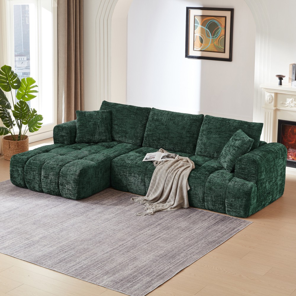 Chenille L-Shape Sectional Sofa Sleeper w/ No Assembly, Dark Green
