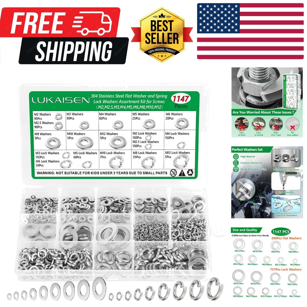 1147PCS Flat and Spring Lock Washers Assortment Kit, Metric Split Lock Washer...