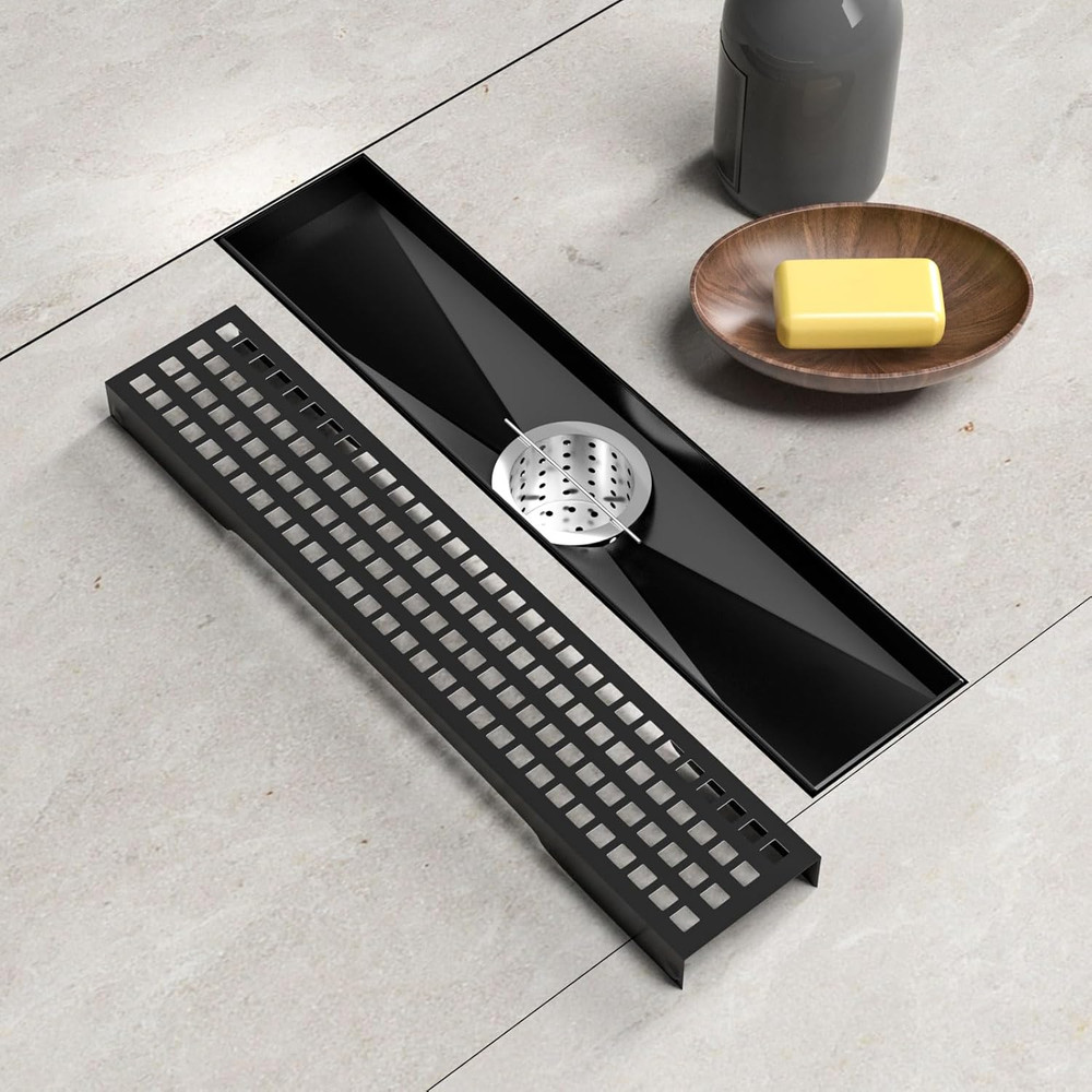 Desagüe de ducha lineal de 12 pulgadas, desagüe de piso rectangular negro
