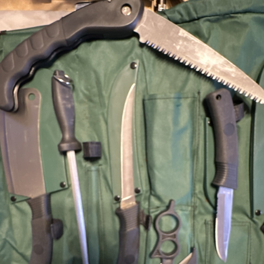 Game Processing Set Stainless Steel Knives Saw Cleaver Sharpener Green