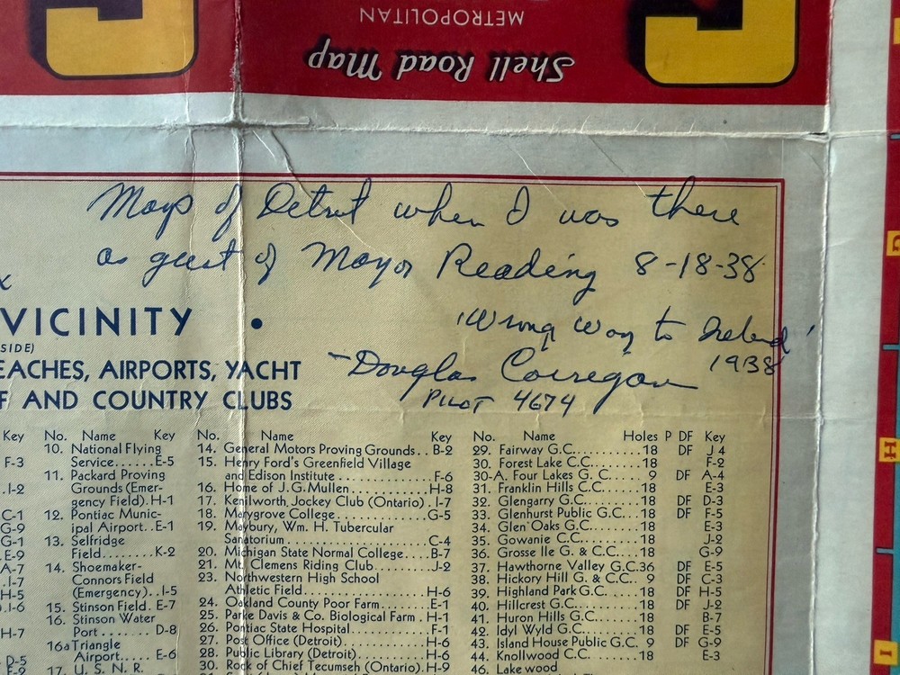 1938 Douglas "Wrong Way" Corrigan Signed Detroit Shell Map Aviation Autograph