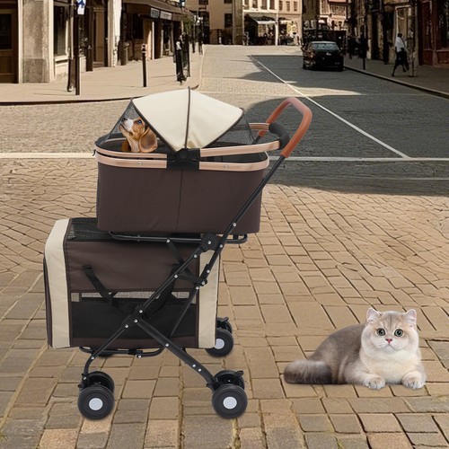 2-Tiers Foldable Cat Stroller Pet Stroller Small & Medium Dogs Stroller 77lbs