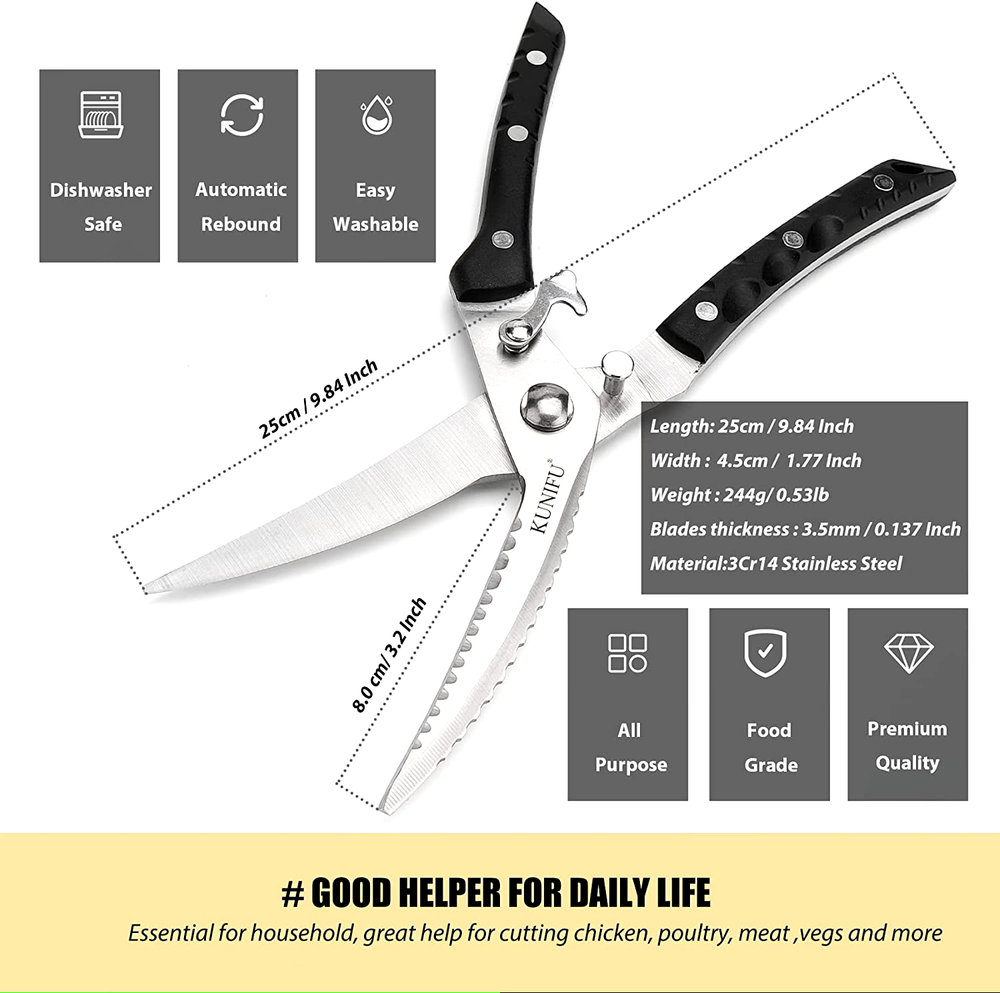 KUNIFU Multi-Function Poultry Shears Spring Loaded Heavy Duty Sharp Stainless
