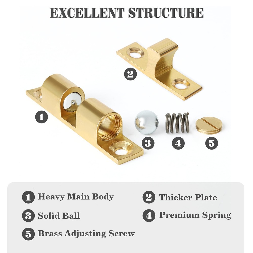 4-Pack 67mm Double Roller Catch, Brass, Adjustable Ball Tension, Door Latch
